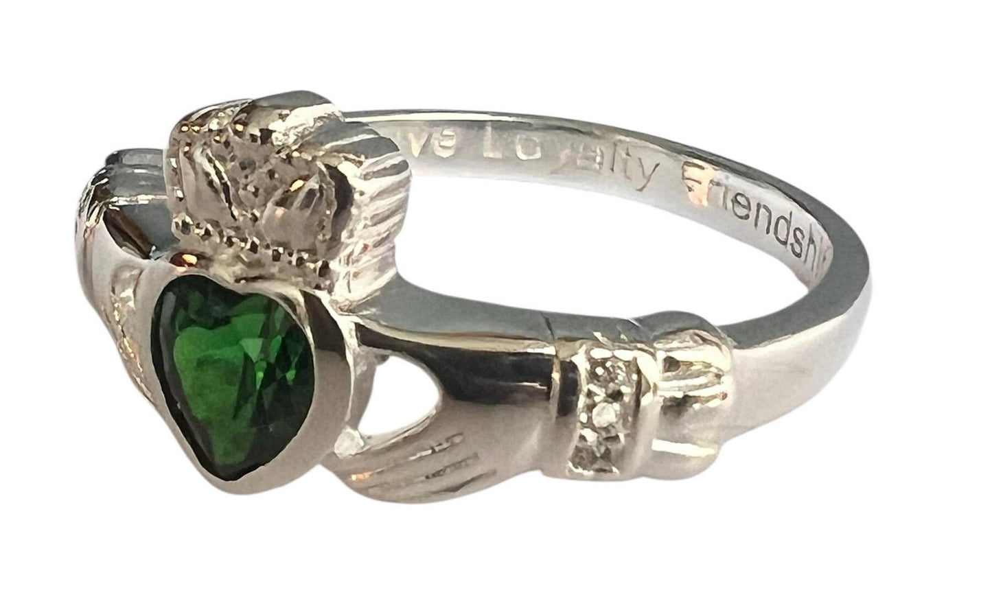 Queen  of the Claddagh , Synthetic  Emersld CZ  , Ladies Claddagh Ring .join our Celtic Community .
