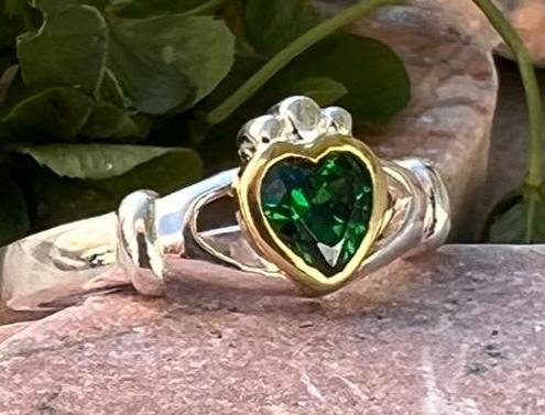 Emerald Celtic princess 2 tone ladies Claddagh ring .