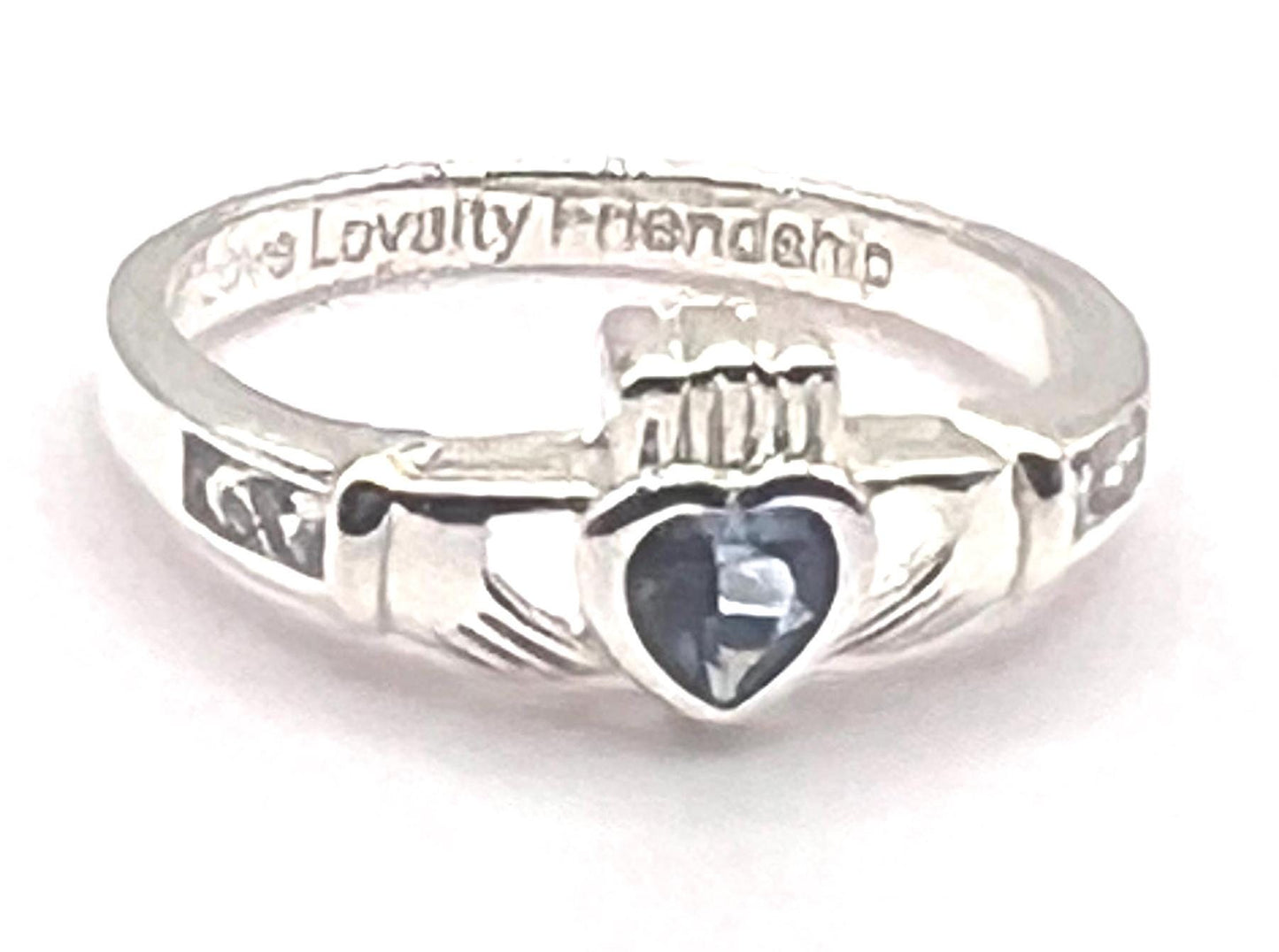 Claddagh Birthstone ring . March ,Aquamarine set in Sterling Silver locally made in Galway Ireland , Available in all 12 Birthstone Colours