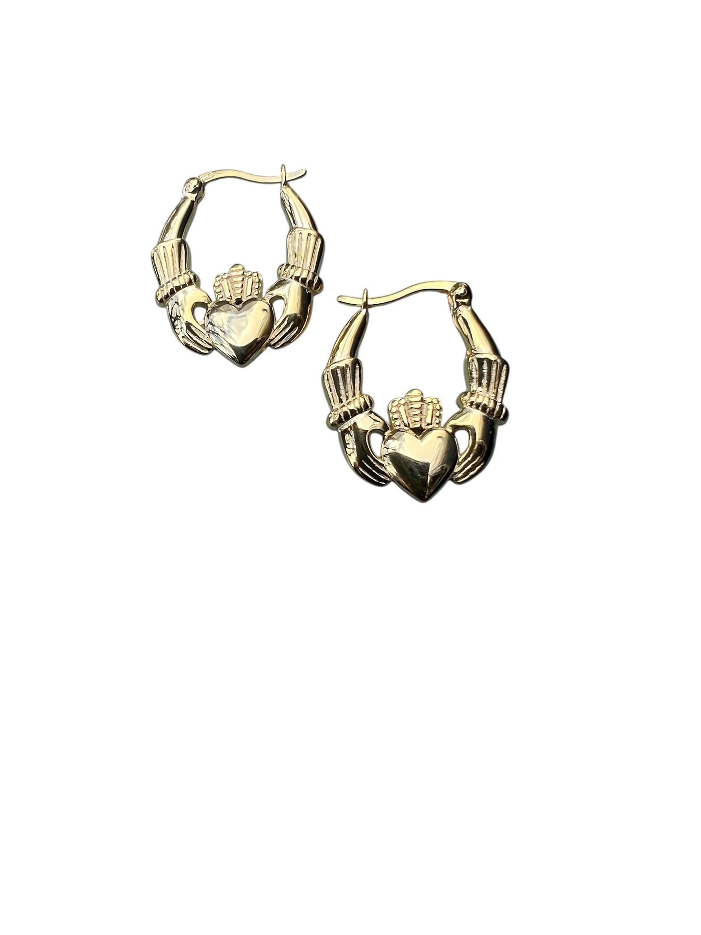 14 ct Gold on silver Claddagh Hoop Earings from Galway Ireland , home of the original .