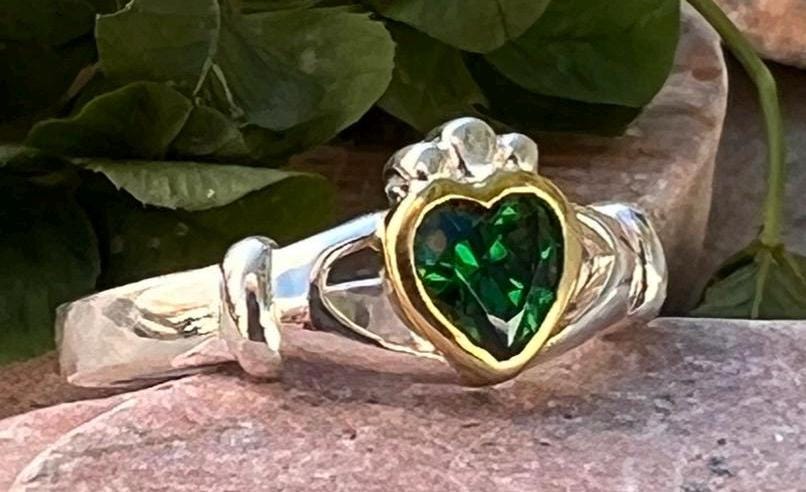 Emerald Celtic princess 2 tone ladies Claddagh ring .