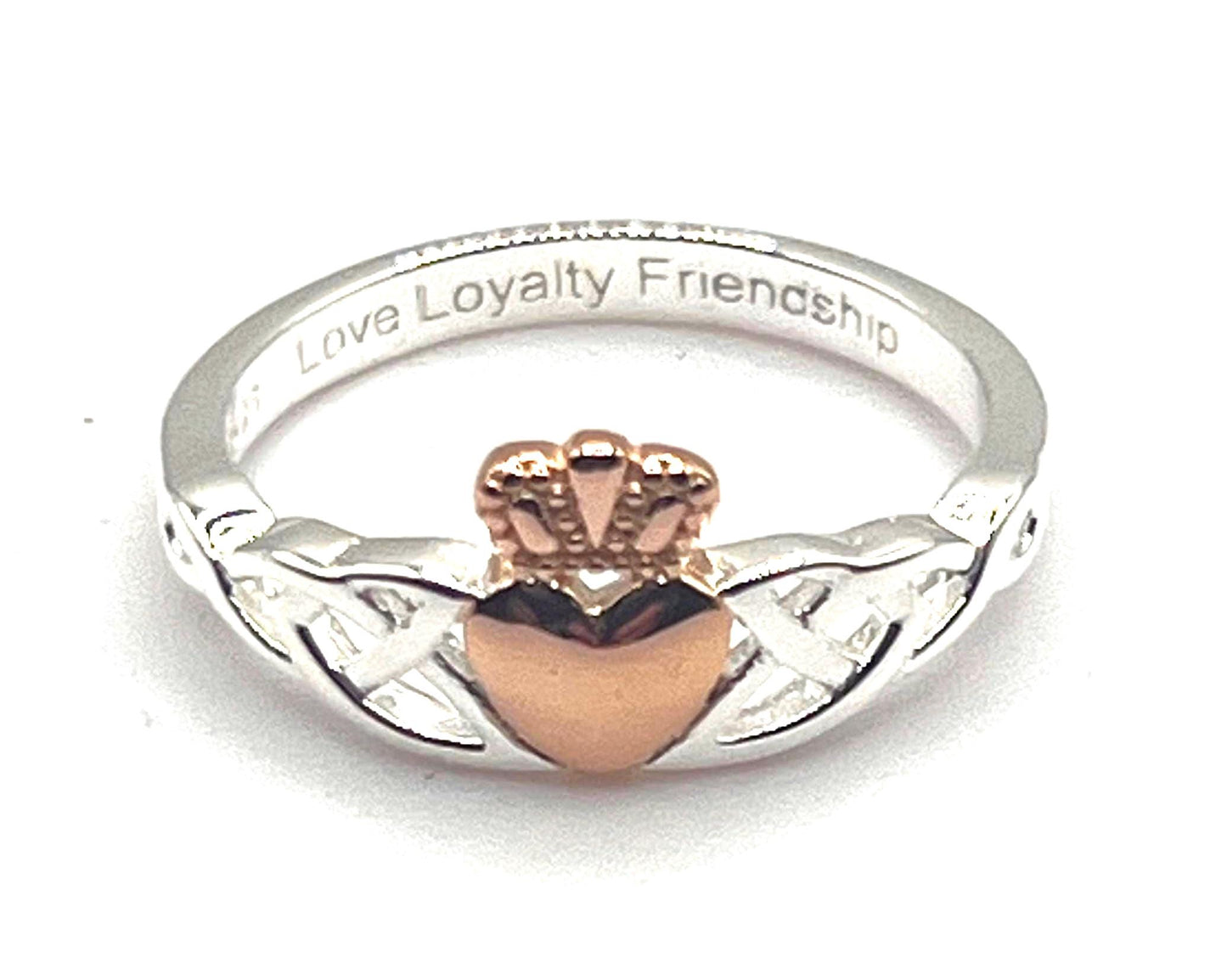 Irish Trinity Claddagh ring in Sterling Silver with 14 ct Rose Gold heavy plating .