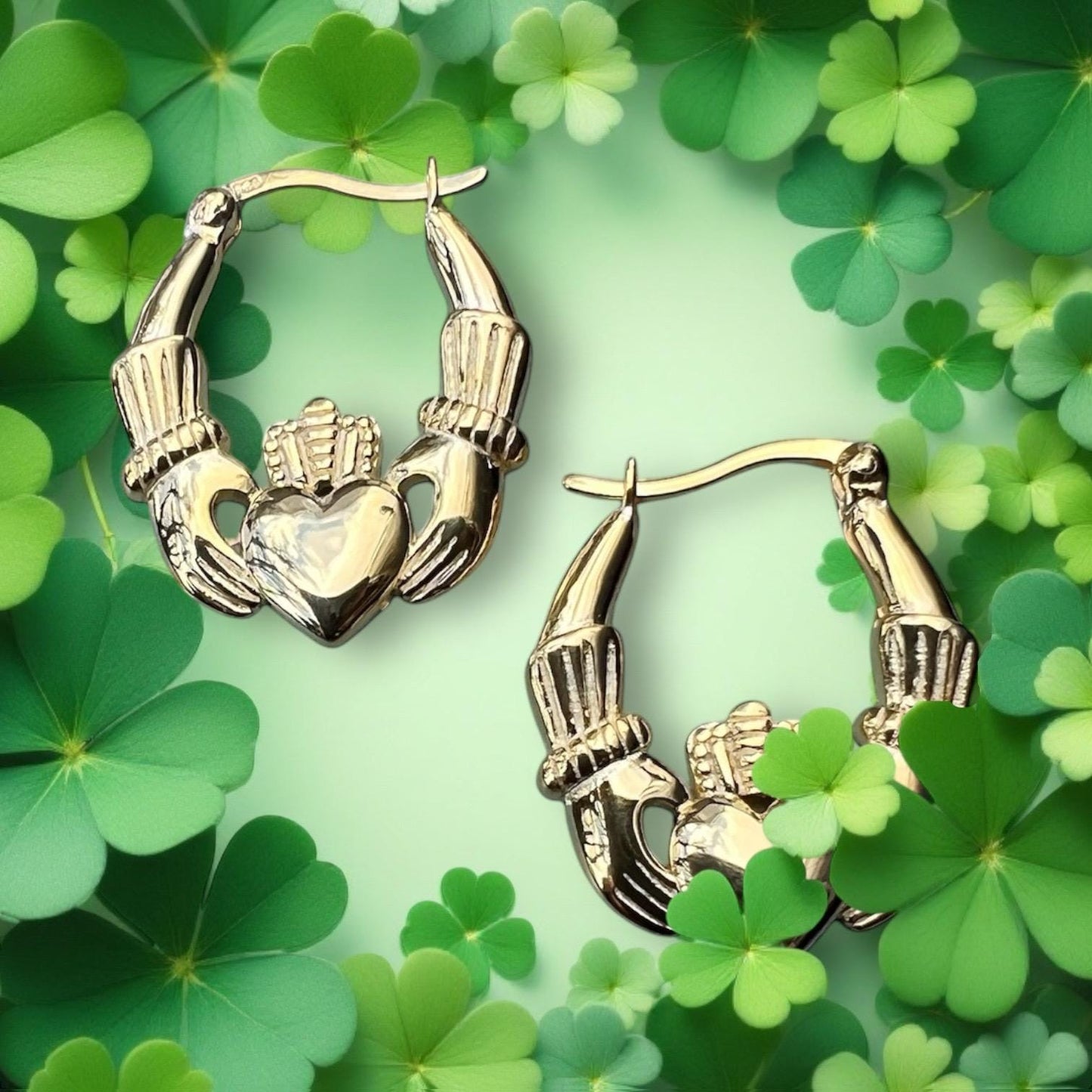 14 ct Gold on silver Claddagh Hoop Earings from Galway Ireland , home of the original .