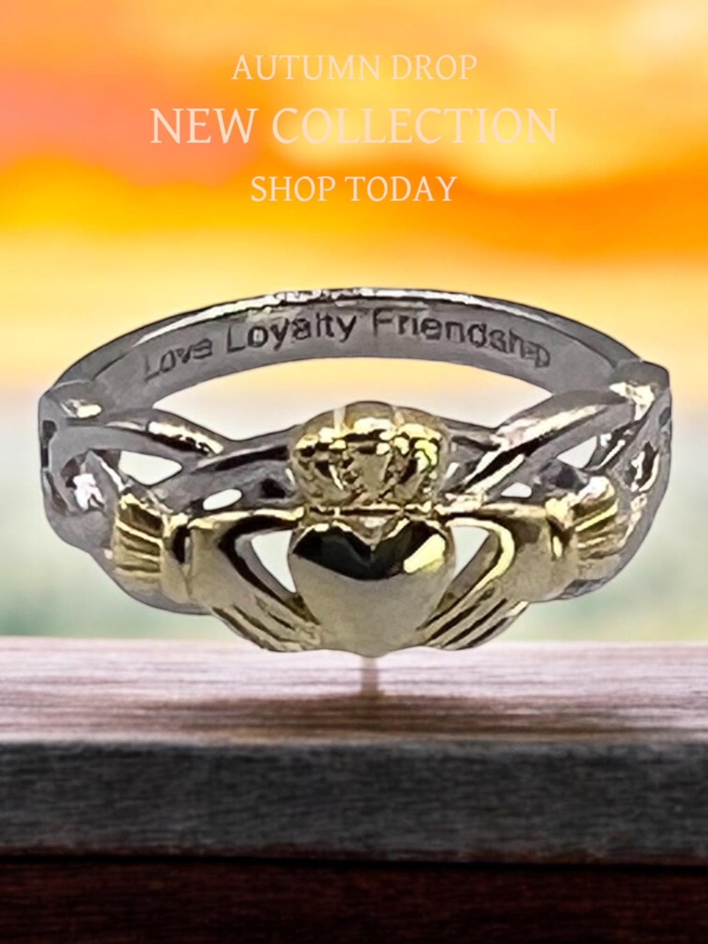 Celtic  woven band with claddagh centre ring  . Come join our Celtic community with this delightful ring .