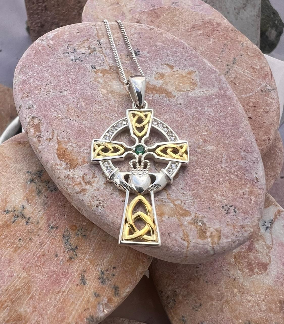Stunning Sterling  Silver & 14 ct thick gold coating ,Celtic cross with a claddagh motif centre , living  hand made here in Galway Ireland.