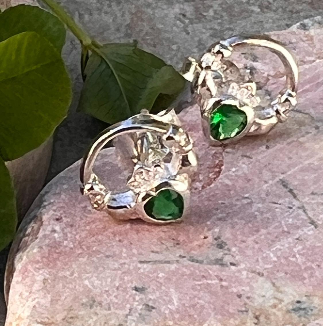 Sterling silver Claddagh birthstone  stud earrings  with a dark green emerald colour stone ,