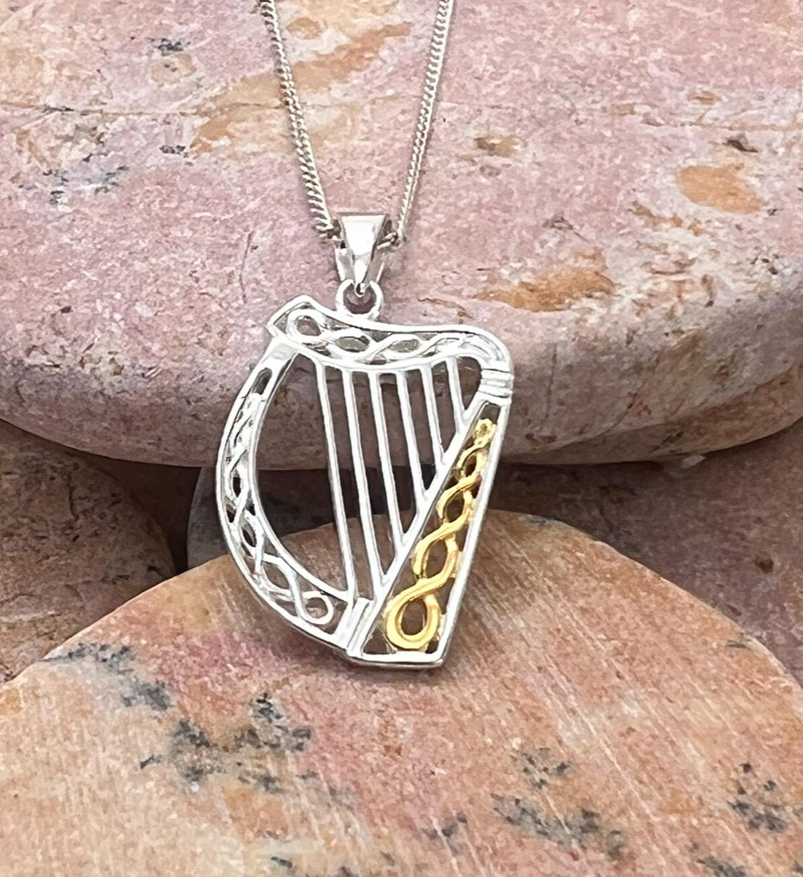Sterling silver with 14 ct Gold  heavy coating , Irish Celtic harp necklace , from Galway Welcome to our Celtic Community .