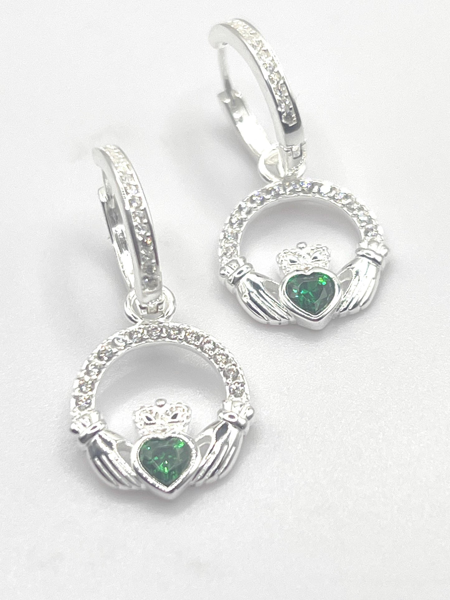 Emerald Green May Birthstone Claddagh earrings on  Huggie hoops ., become part of our z Celtic Community and Celbrate the month of May .