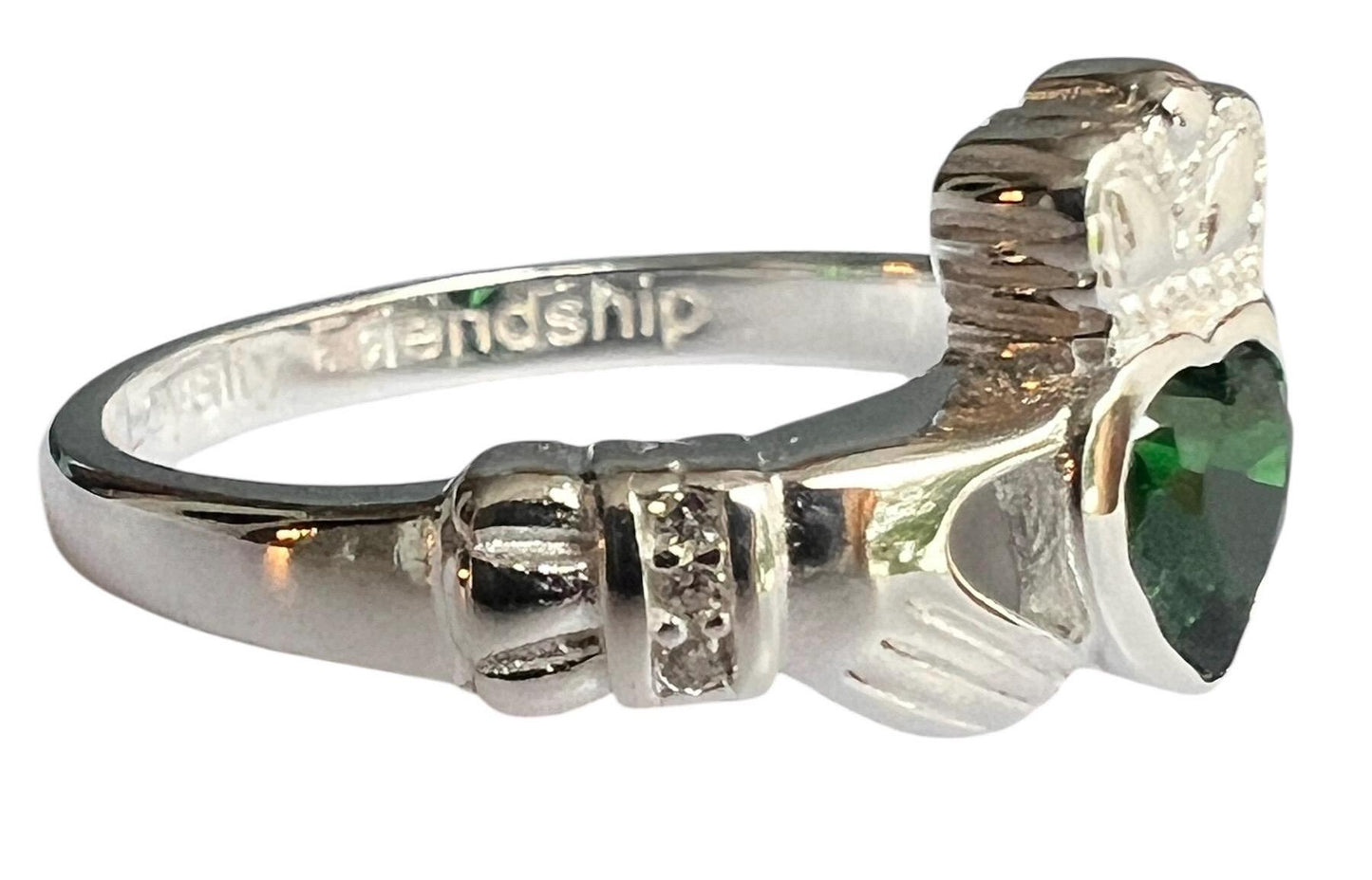 Queen  of the Claddagh , Synthetic  Emersld CZ  , Ladies Claddagh Ring .join our Celtic Community .