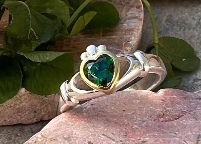 Emerald Celtic princess 2 tone ladies Claddagh ring .