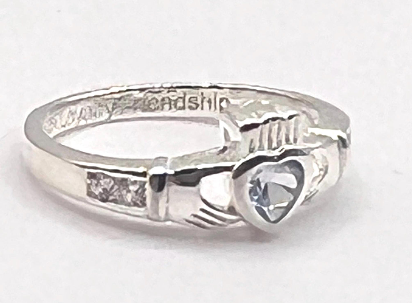 Claddagh Birthstone ring . March ,Aquamarine set in Sterling Silver locally made in Galway Ireland , Available in all 12 Birthstone Colours