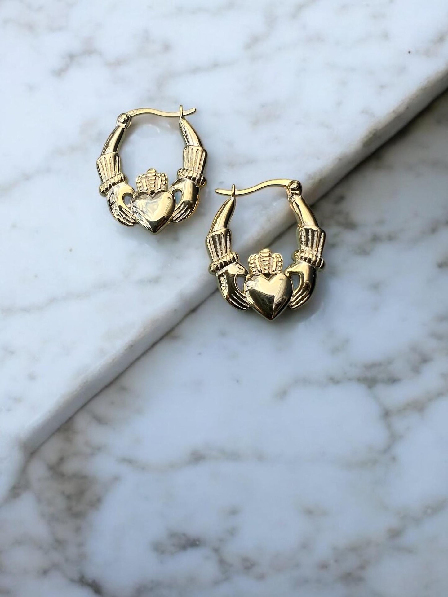 14 ct Gold on silver Claddagh Hoop Earings from Galway Ireland , home of the original .
