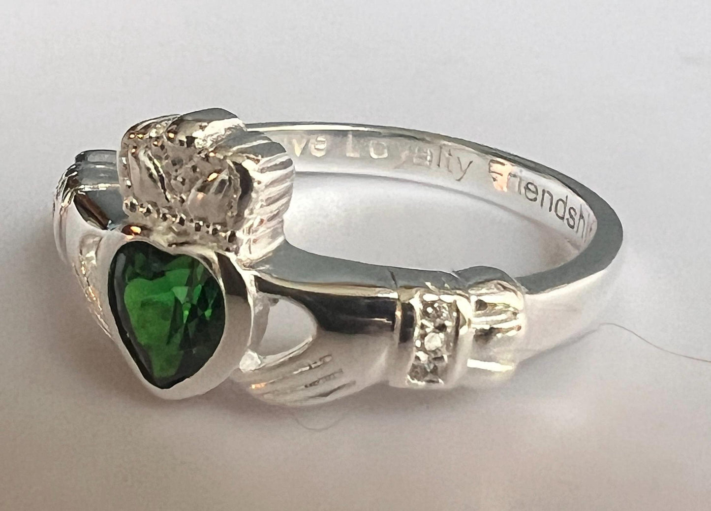Queen  of the Claddagh , Synthetic  Emersld CZ  , Ladies Claddagh Ring .join our Celtic Community .