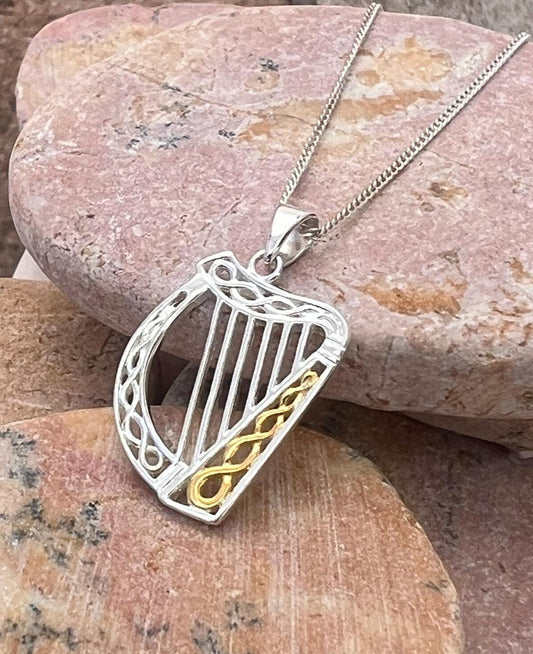 Sterling silver with 14 ct Gold  heavy coating , Irish Celtic harp necklace , from Galway Welcome to our Celtic Community .