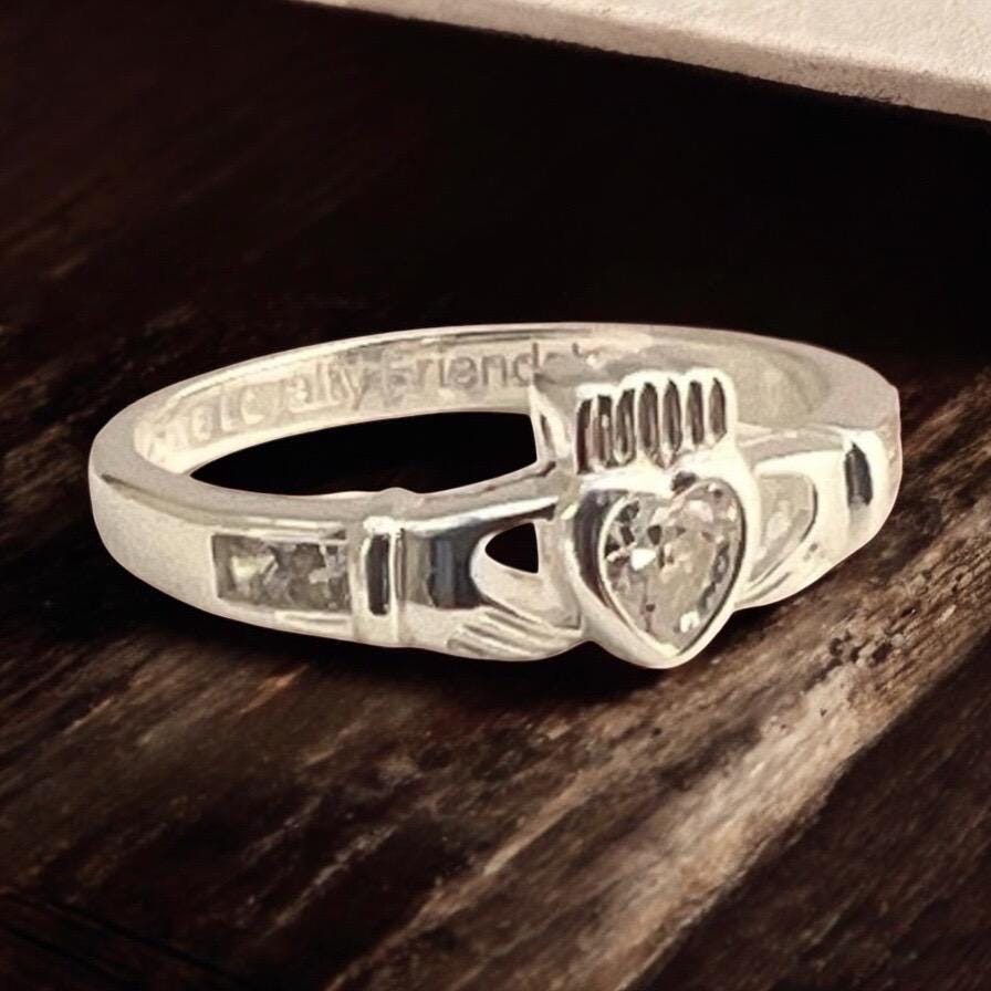 Aries , March April Claddagh Birthstone Ring with synthetic Diamond , white Cz .made from Sterling Silver here in Galway .