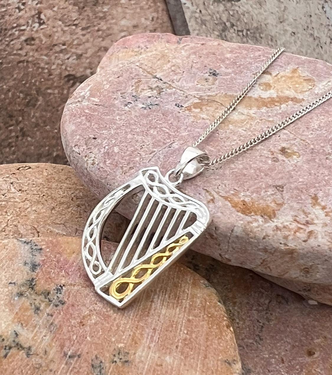 Sterling silver with 14 ct Gold  heavy coating , Irish Celtic harp necklace , from Galway Welcome to our Celtic Community .