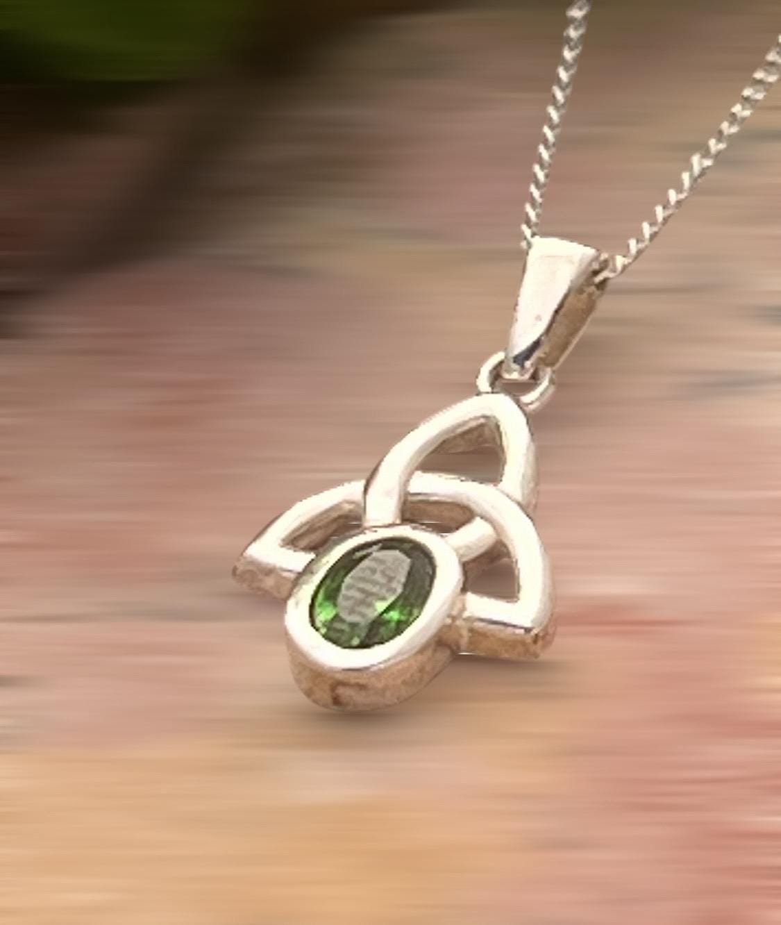 Emerald colour stone Celtic trinity necklace