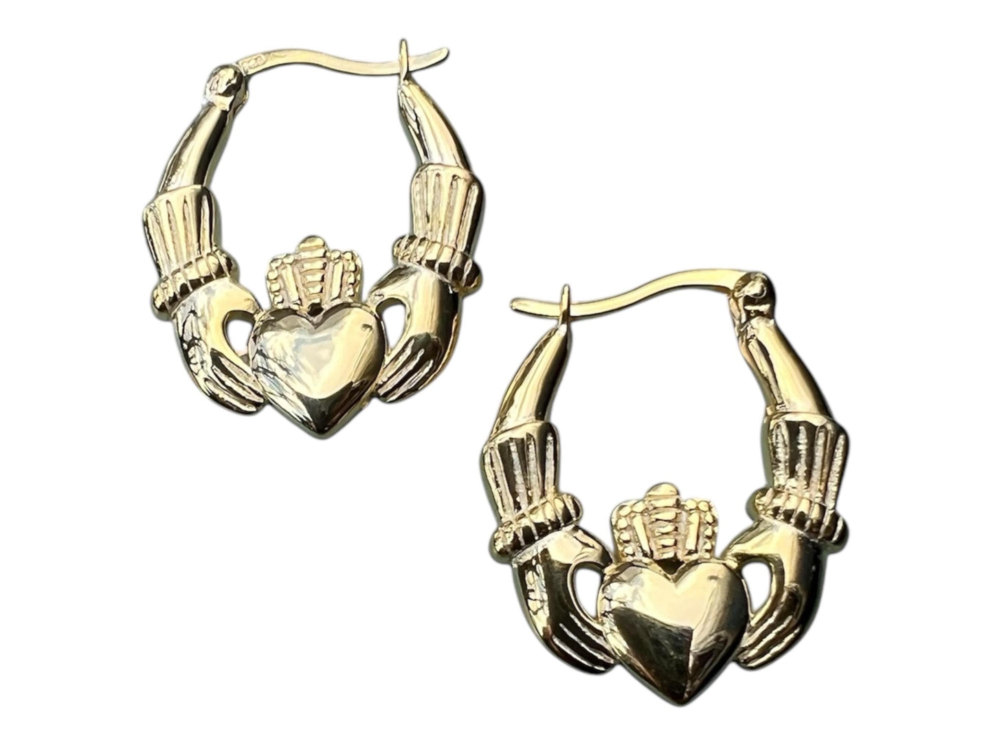 14 ct Gold on silver Claddagh Hoop Earings from Galway Ireland , home of the original .