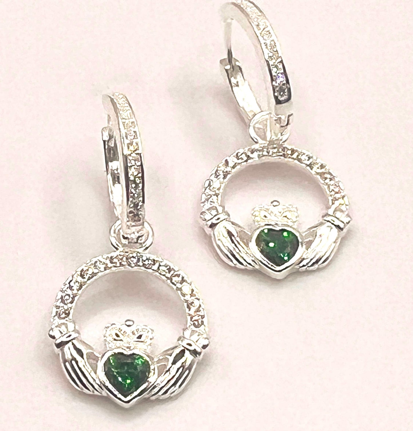 Emerald Green May Birthstone Claddagh earrings on  Huggie hoops ., become part of our z Celtic Community and Celbrate the month of May .