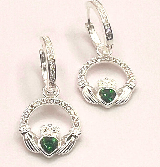 Emerald Green May Birthstone Claddagh earrings on  Huggie hoops ., become part of our z Celtic Community and Celbrate the month of May .